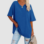 Blue V-neck t-shirt with short sleeves, loose drape and side-tuck detail.