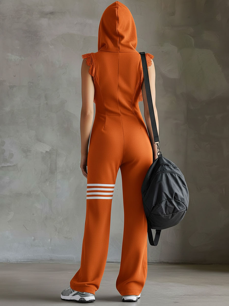 Orange hooded back view jumpsuit with striped cuff bands and lace shoulder trim