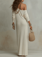Soft ivory one-shoulder textured maxi dress with off-shoulder neckline and long skirt