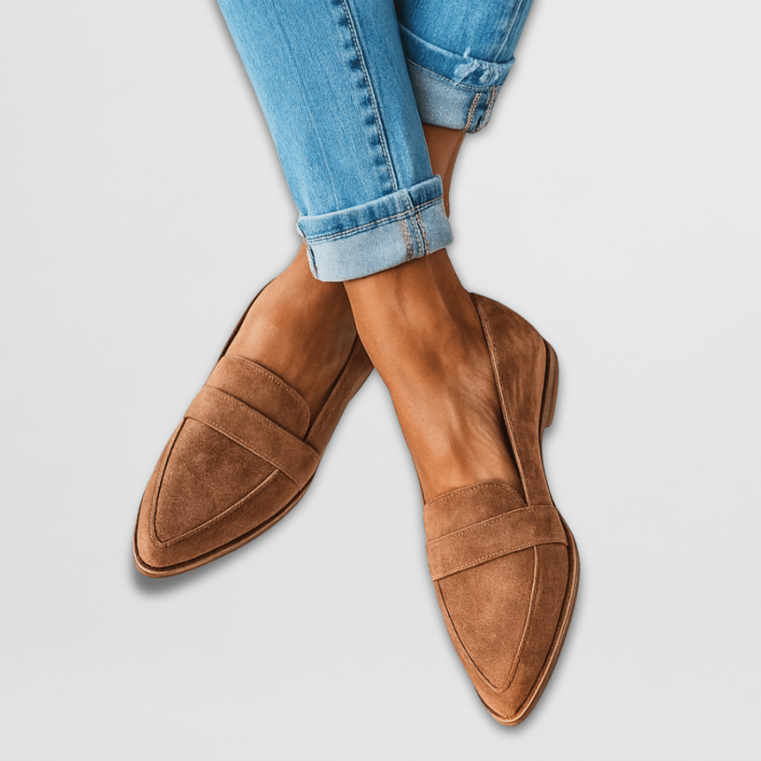 Soft comfort support loafers in tan suede, slip-on with stitched vamp and low sole