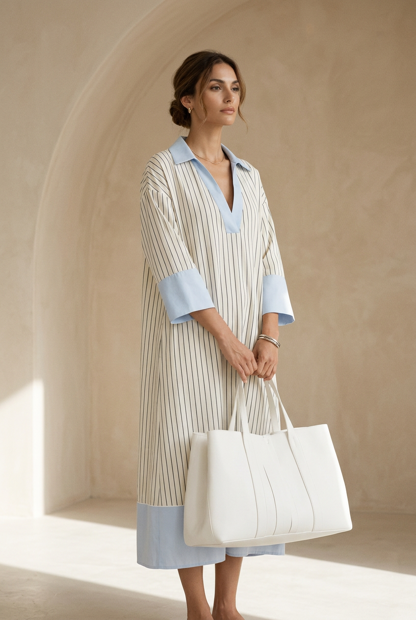 Blue and white vertical striped midi dress with V-neck and light-blue cuffed sleeves