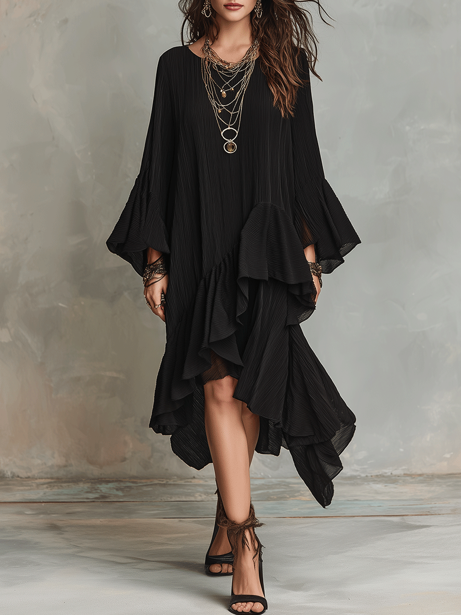 Black boho midi dress with tiered asymmetric ruffle hem and flared bell sleeves