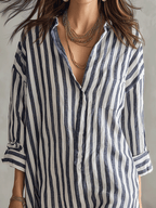 Blue and white striped shirt mini dress, V-neck placket and cuffed sleeves