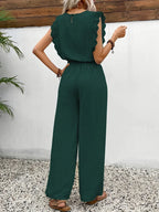 Dark green backless-looking sleeveless two-piece set with tie-waist wide-leg pants