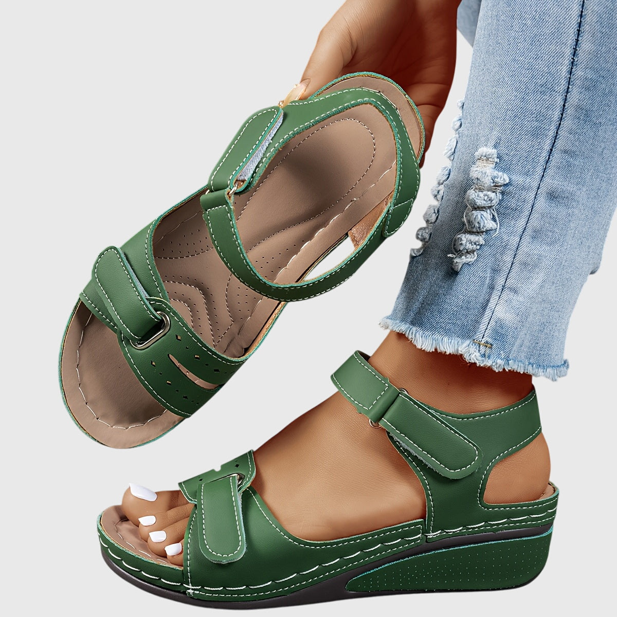 Crystal™ green orthopedic sandals with hook-and-loop straps and open toe