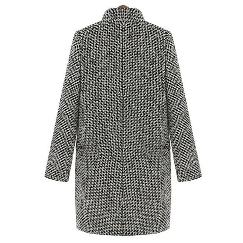 Black-and-white houndstooth long coat with standing collar and straight hem