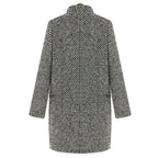 Black-and-white houndstooth long coat with standing collar and straight hem