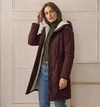 Berry red waterproof long parka with sherpa-lined hood, full zip, and front pockets