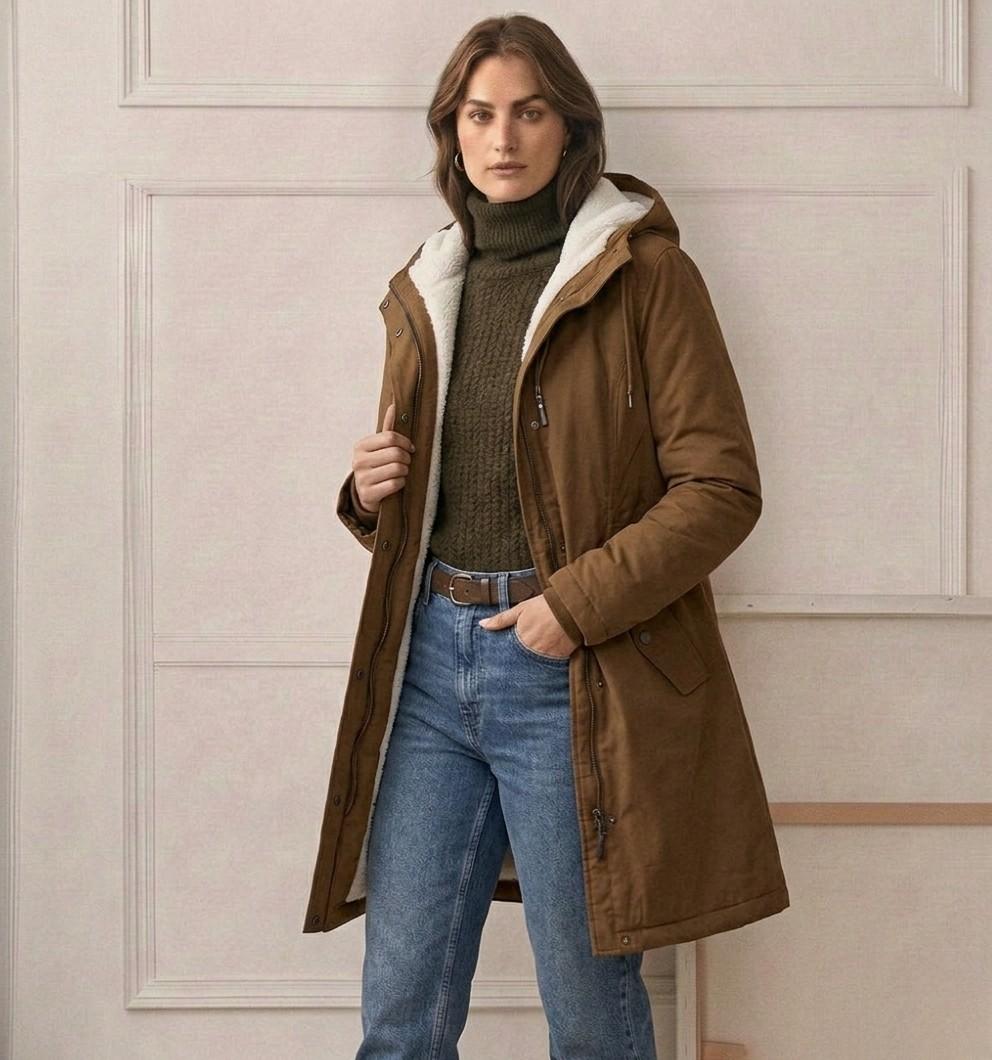 Khaki waterproof long parka with sherpa-lined hood, front zip, and flap pockets
