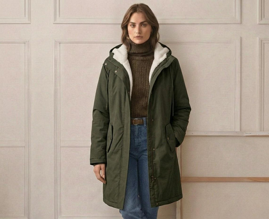 Forest green waterproof long parka with sherpa-lined hood and front zip pockets