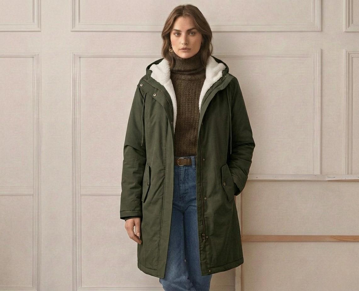 Forest green waterproof long parka with sherpa-lined hood and front zip pockets