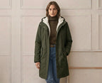 Forest green waterproof long parka with sherpa-lined hood and front zip pockets