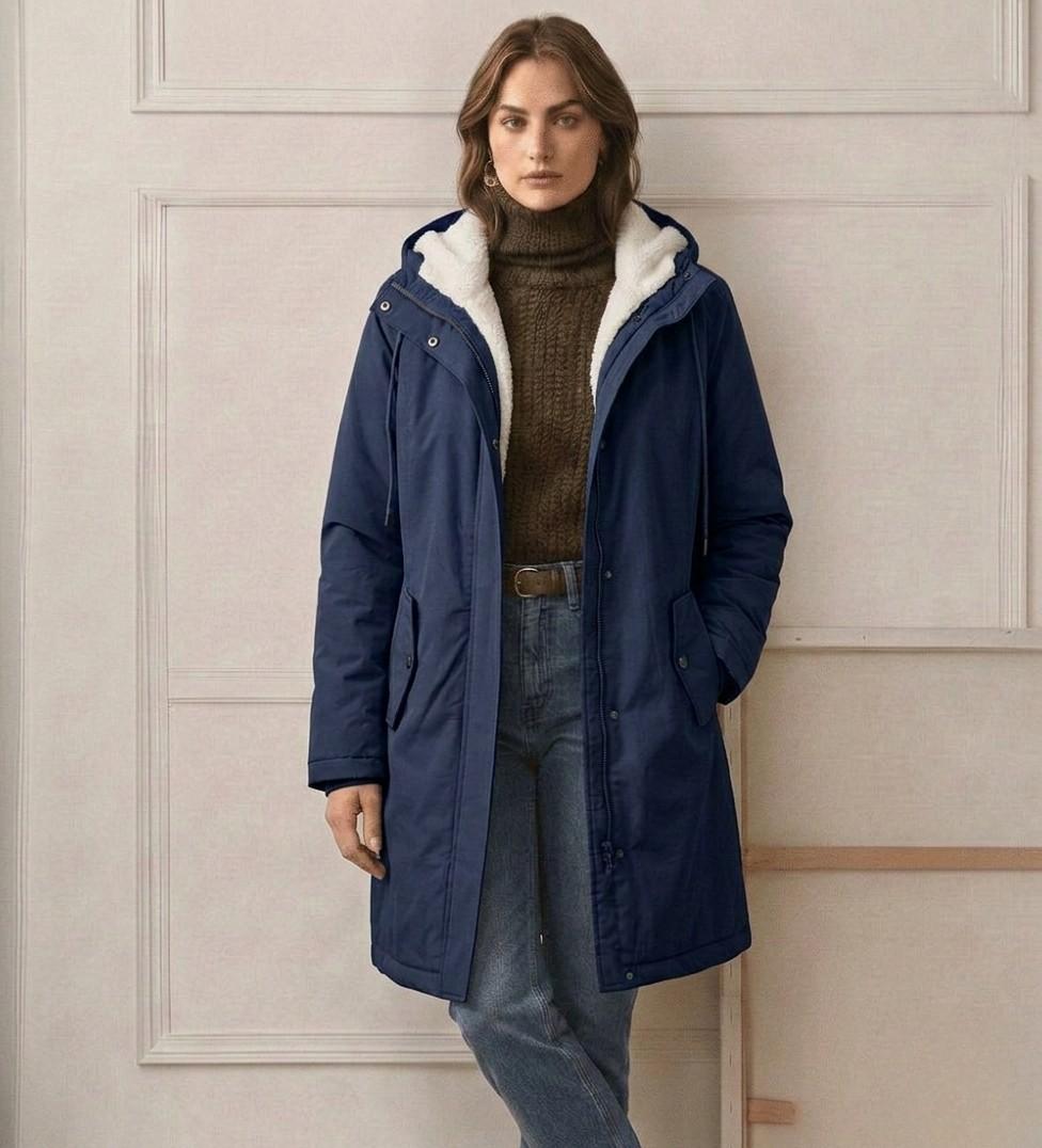 Midnight navy waterproof long parka with hood, sherpa lining, and front pockets