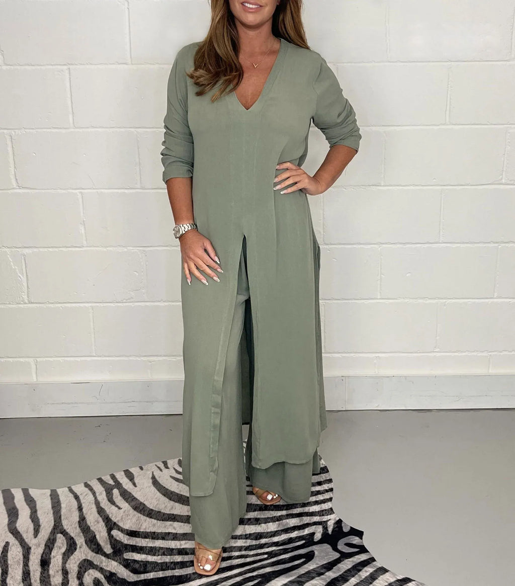 Comfy two-piece tunic and pants set, sage green V-neck tunic with side slit