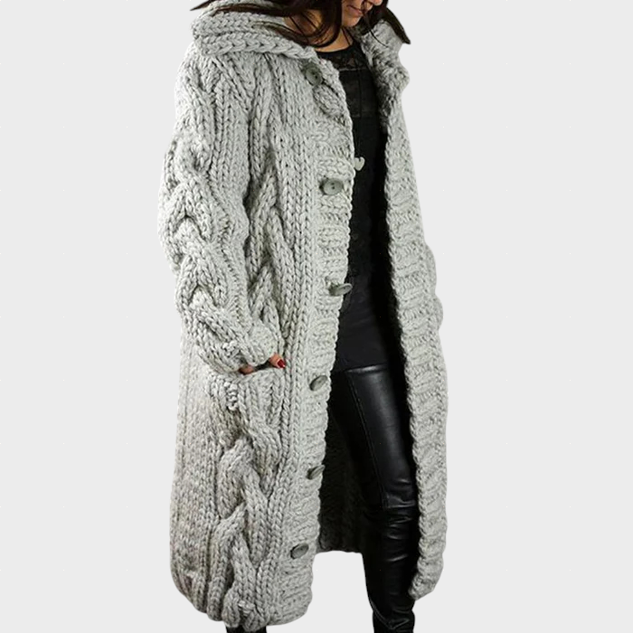 Light gray cable-knit hooded cardigan with long sleeves and button front