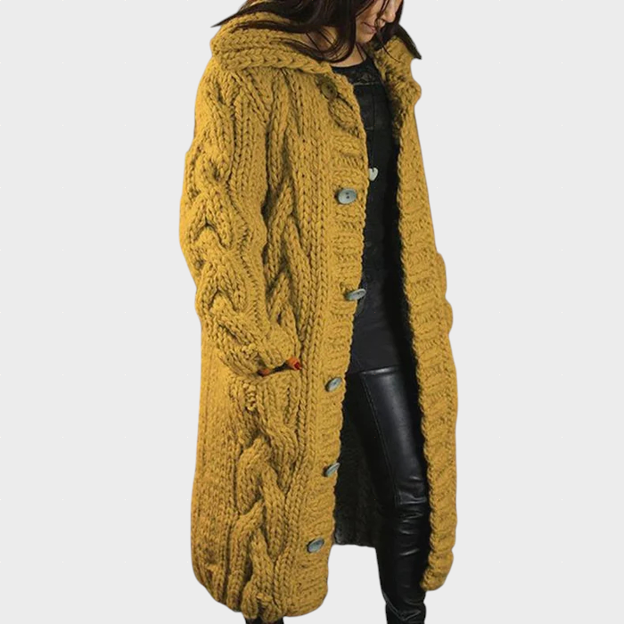 Yellow cable-knit hooded cardigan with long sleeves and button front