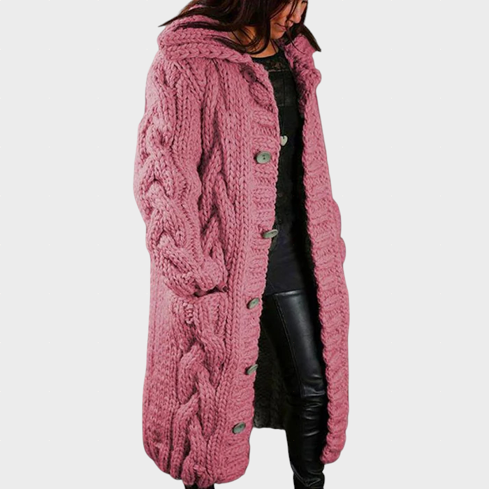 Pink cable-knit hooded cardigan with long sleeves and button front