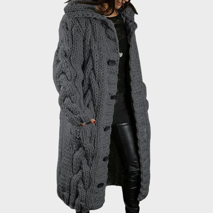 Dark gray cable-knit hooded cardigan with long sleeves and button front