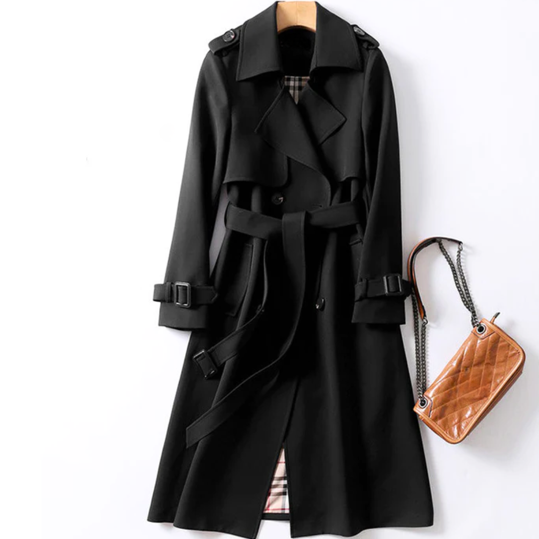 Berkley Lane Trench ™ coat in black with notch collar and tie belt