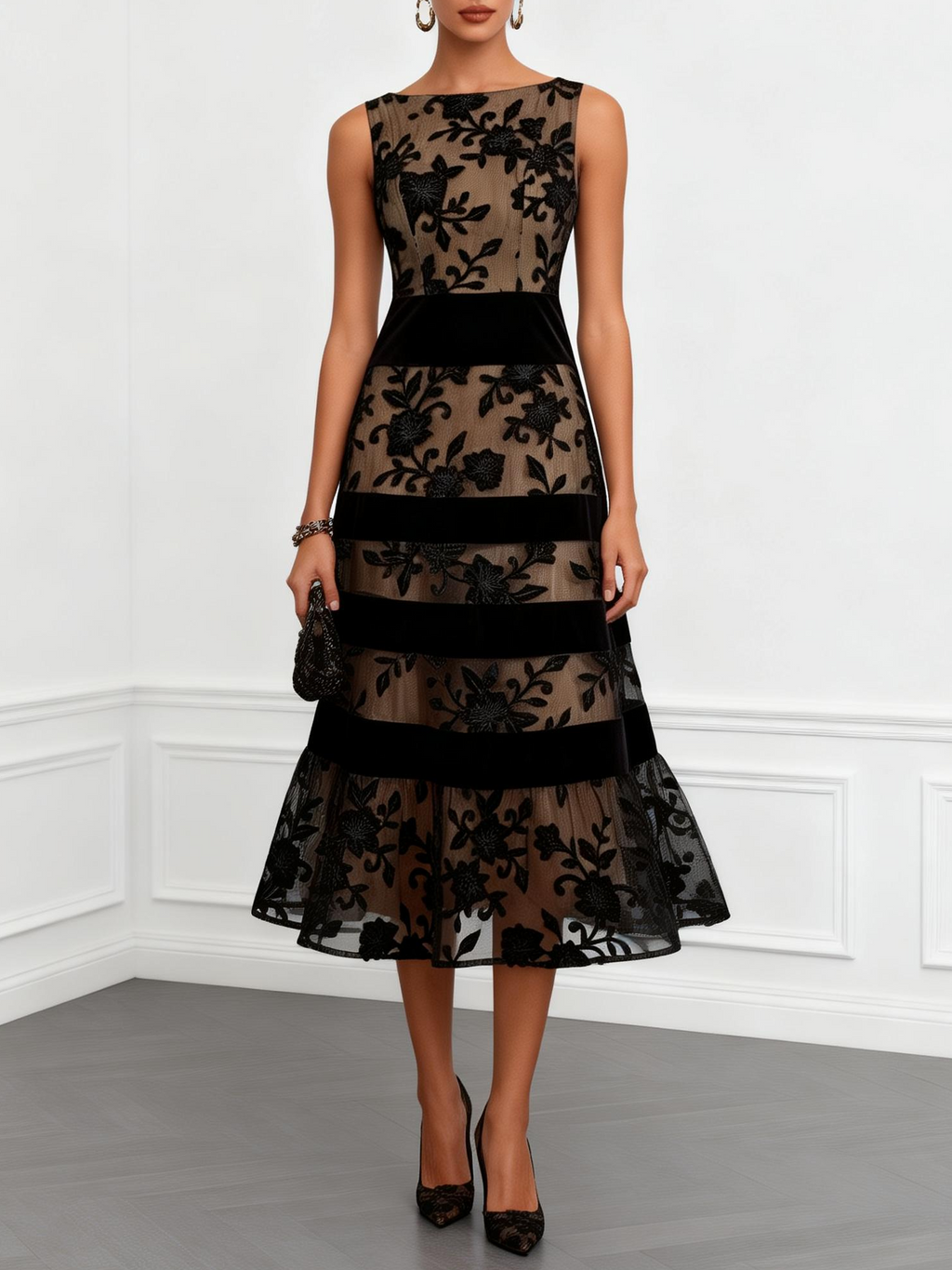 Black mesh floral sleeveless A-line midi dress with layered sheer bands