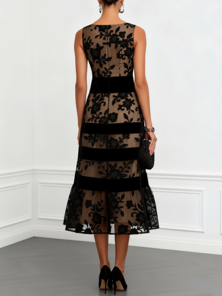 Black mesh floral sleeveless A-line midi dress, back view with layered sheer bands