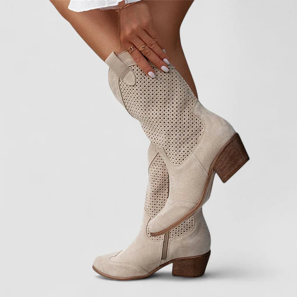 Beige orthopedic western boots with perforated side panels and block heel