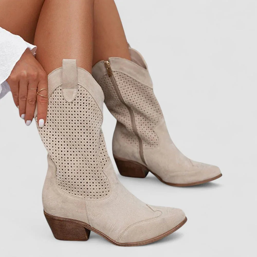 Beige suede orthopedic western boots with perforated shaft and square toe