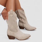 Beige suede orthopedic western boots with perforated shaft and square toe