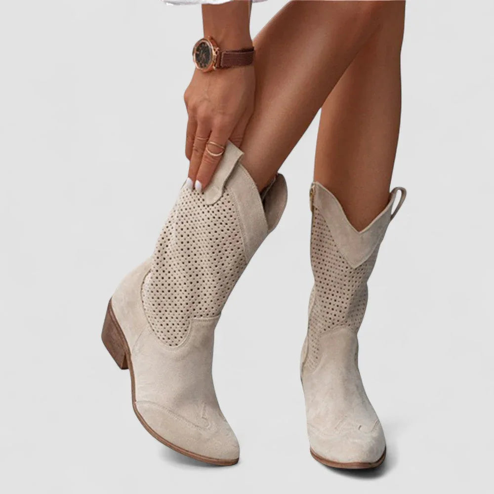 Beige orthopedic western boots with perforated shaft and chunky heel