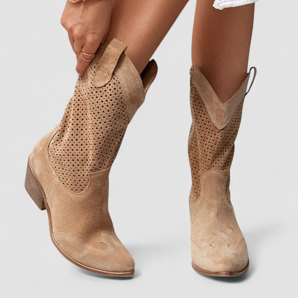 Brown orthopedic western boots with perforated shaft and side pull tab