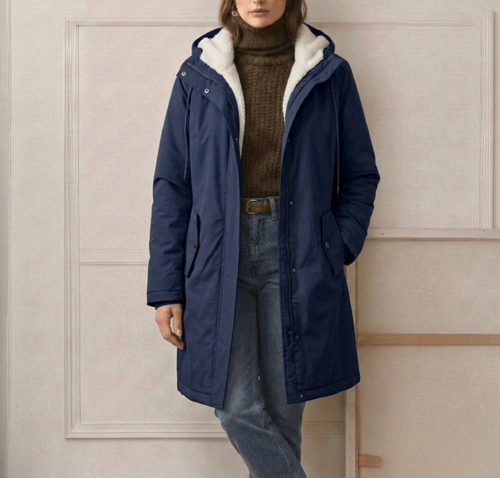 Midnight navy waterproof long parka with hood and sherpa lining over a long length