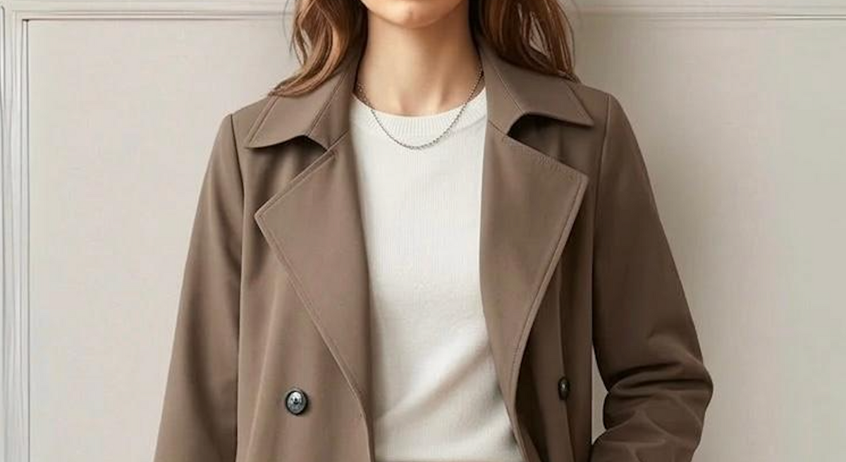 Khaki trench coat collar and lapels with double-breast button details