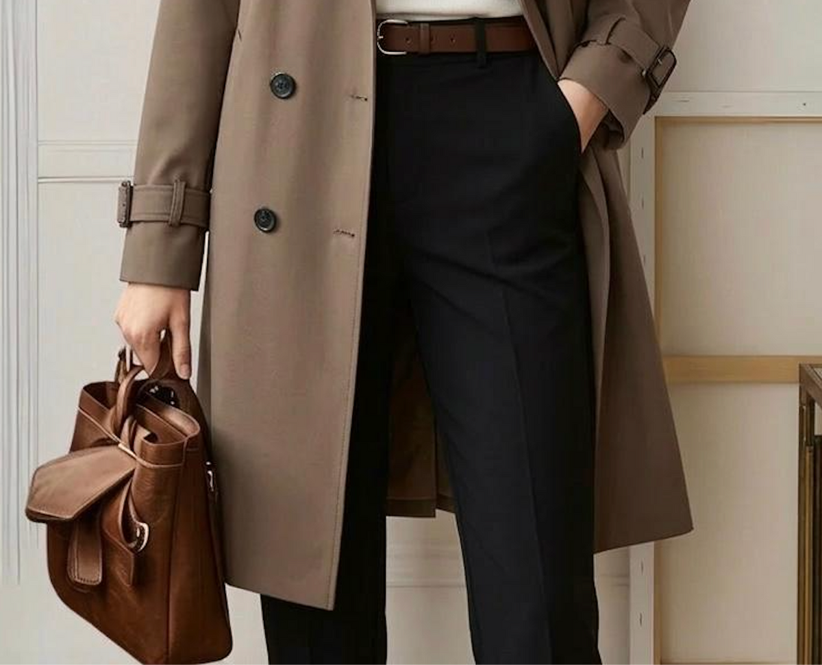Khaki trench coat with adjustable cuff strap and waist belt