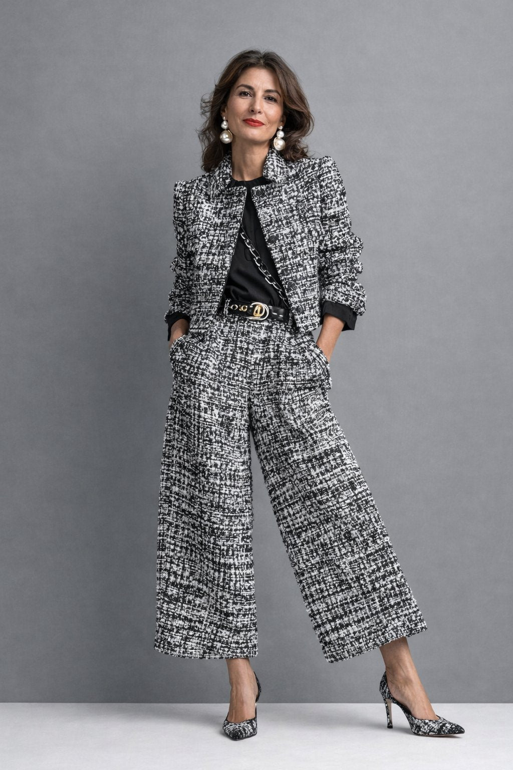 Women's tweed jacket and wide-leg pants set, black-and-white