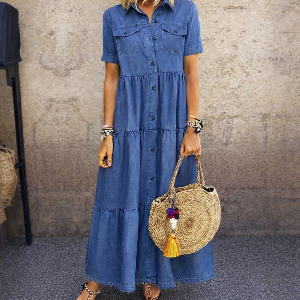 ELIZABETH denim button-front midi dress, blue tiered tiers, chest pockets, short sleeves