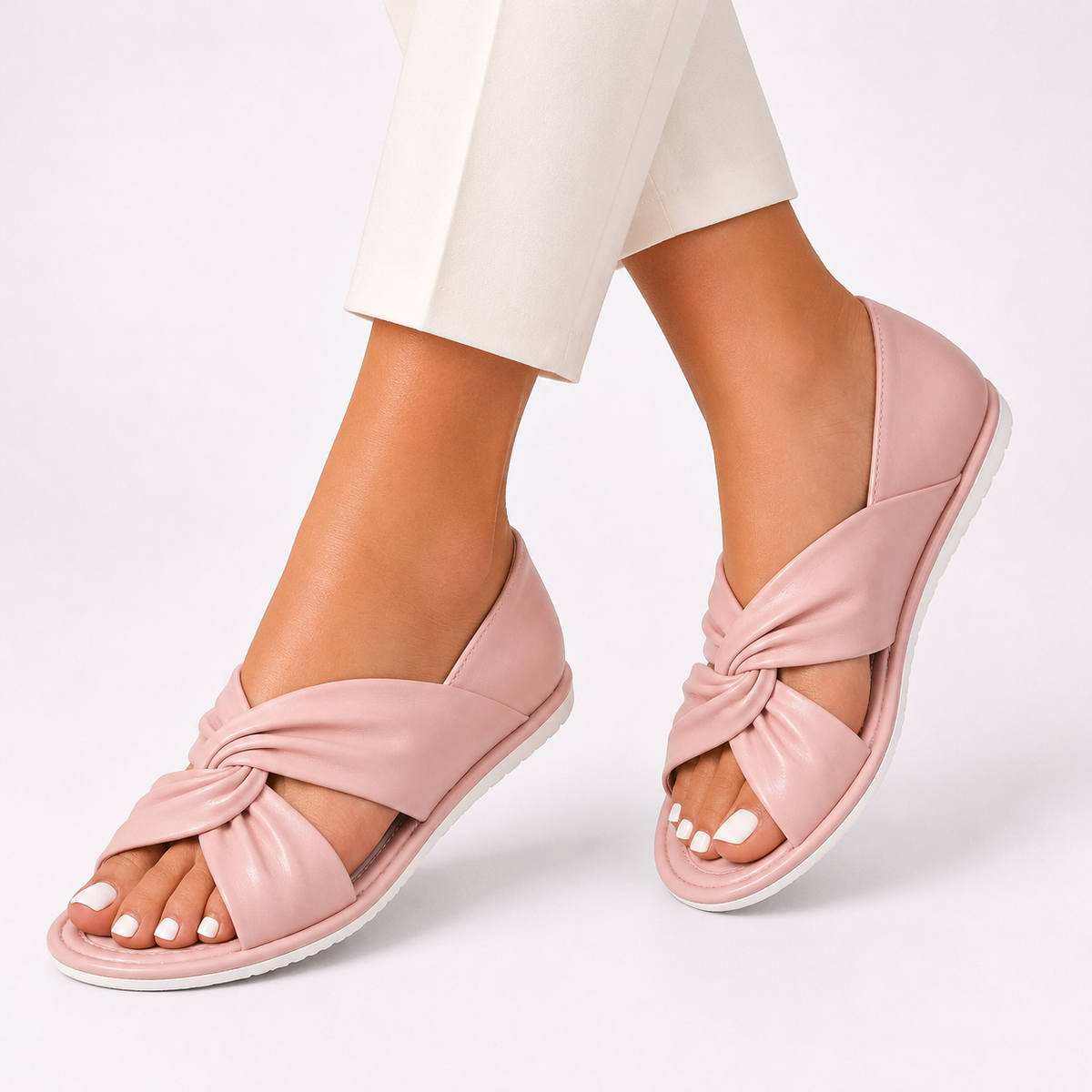 Knot-strap slide sandals, light pink, open-toe with cushioned sole