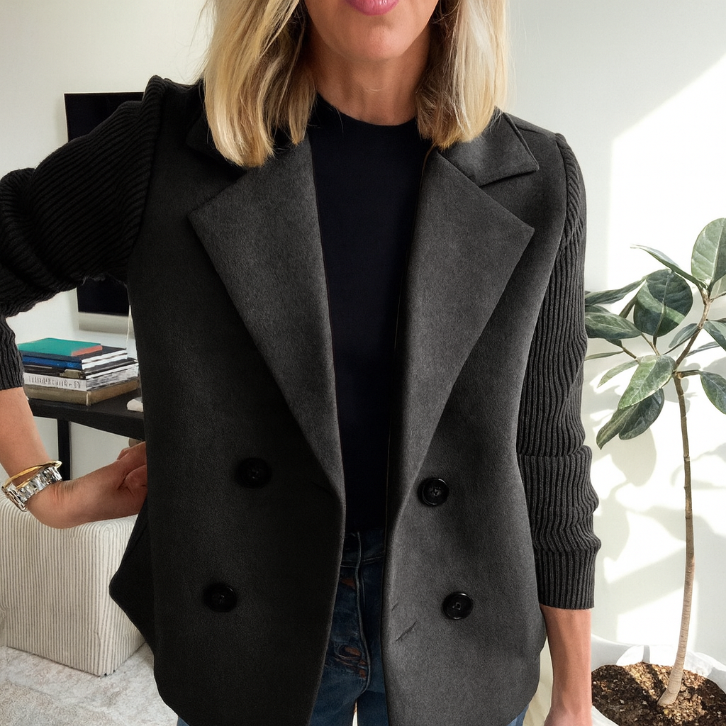 Ribbed blazer coat in dark gray on model, double-breasted with four button closure