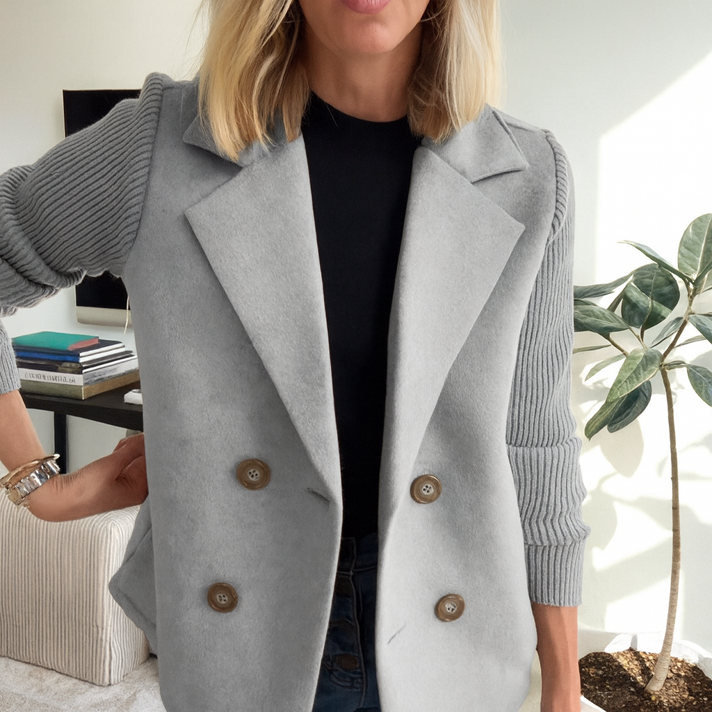 Grey ribbed blazer coat with notch lapels and four-button front