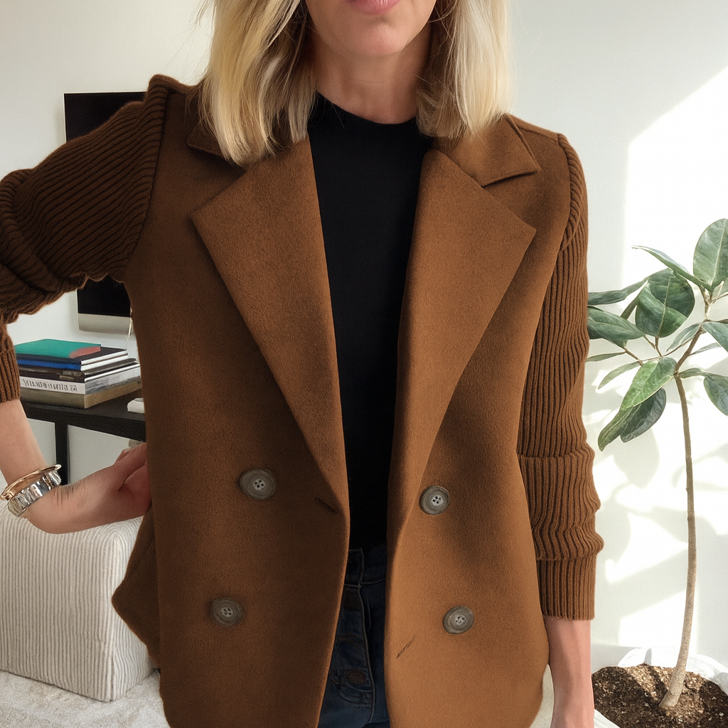 Ribbed blazer coat in rust brown on model, double-breasted front with button details