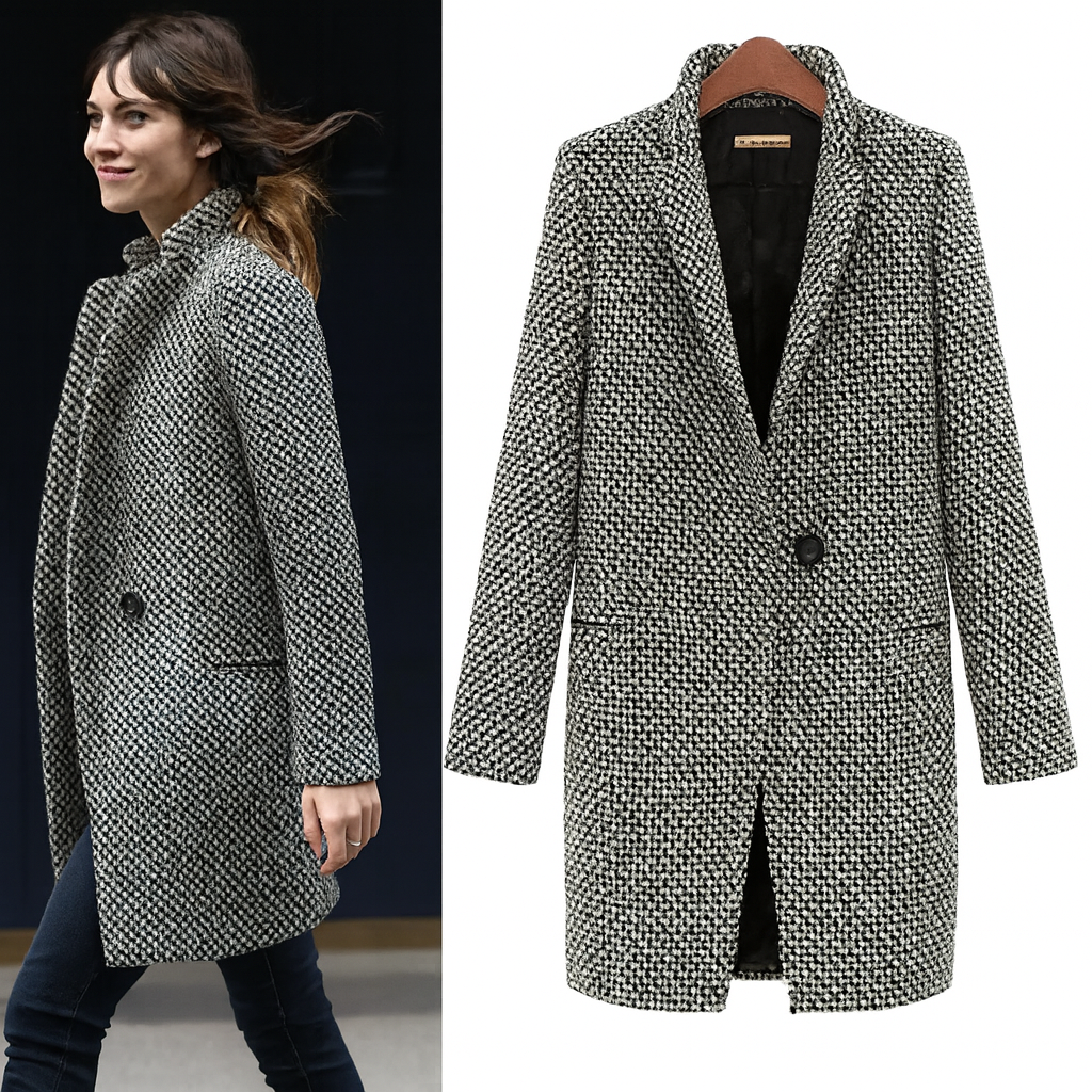 Black-and-white houndstooth winter coat with deep side pockets and button closure