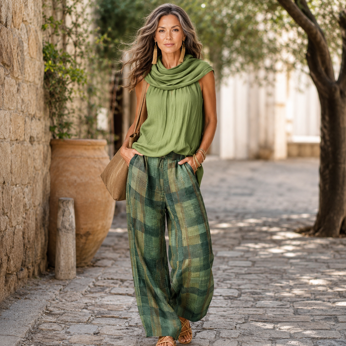 Relaxed two-piece set: sage green cowl-neck sleeveless top and plaid long wide-leg pants