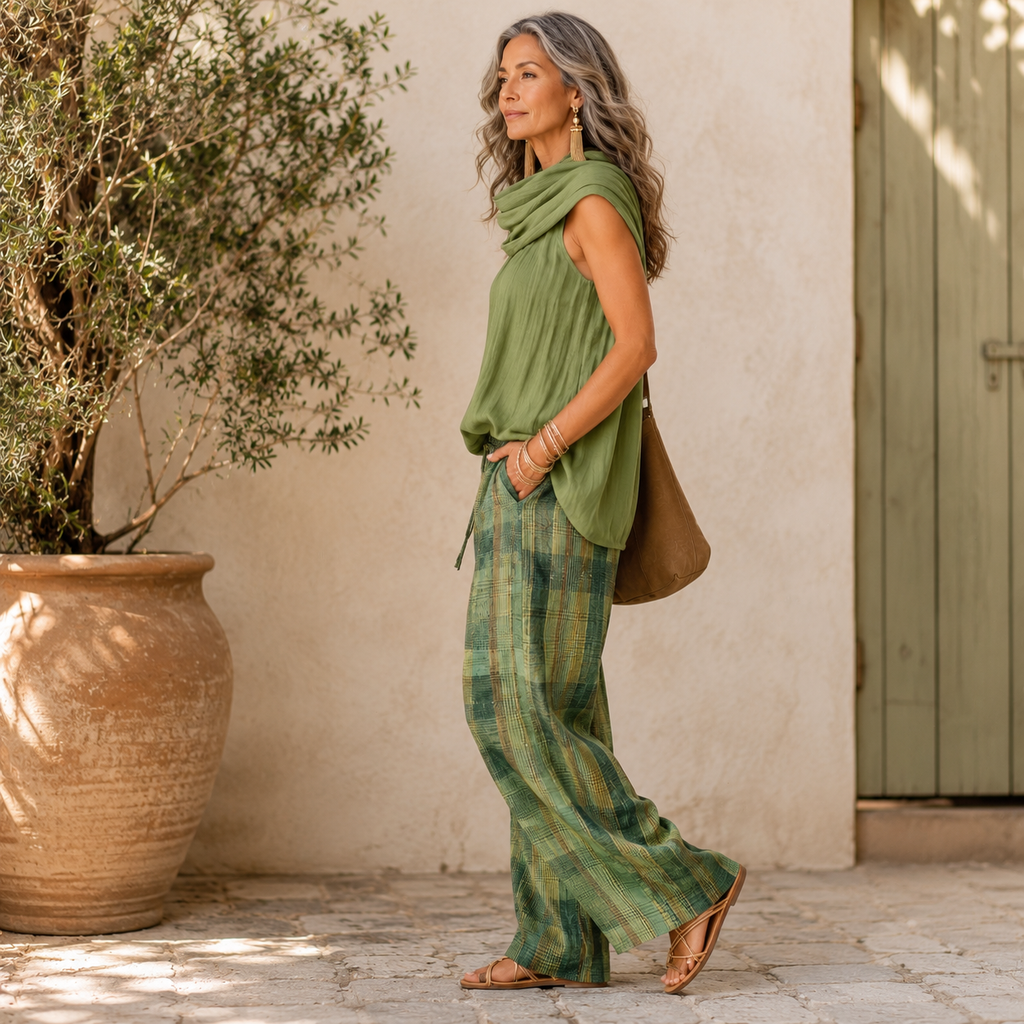 Relaxed two-piece set: sage green draped top and green plaid wide-leg pants