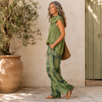 Relaxed two-piece set: sage green draped top and green plaid wide-leg pants