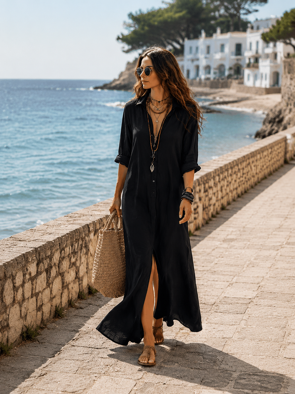 Black button-front maxi shirt dress with three-quarter sleeves and front slit