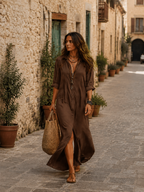 Brown button-front maxi shirt dress with three-quarter sleeves and deep front slit