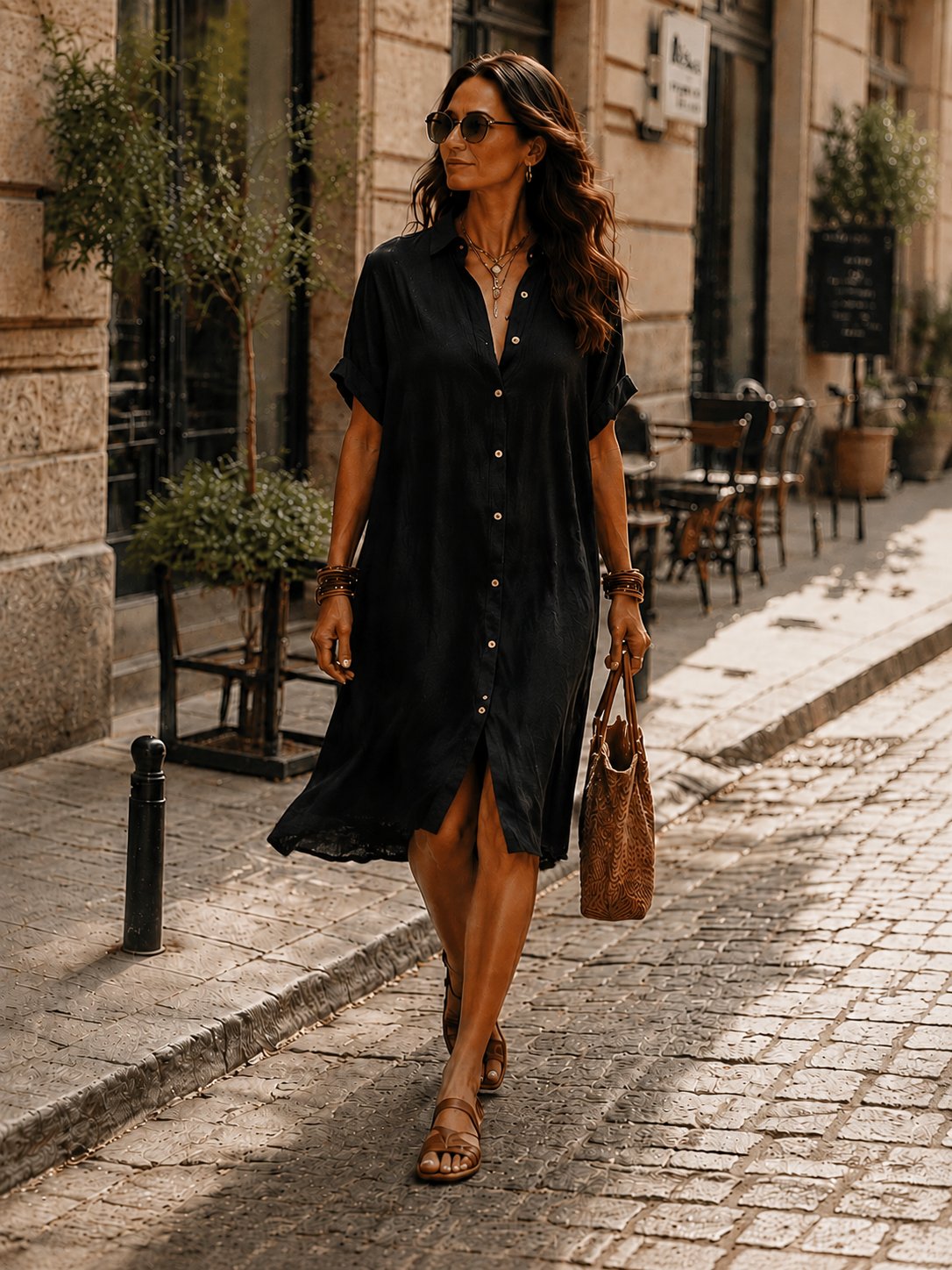 Black linen relaxed midi dress, short sleeves, V-neck, and front button placket