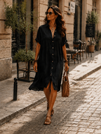 Black linen relaxed midi dress, short sleeves, V-neck, and front button placket