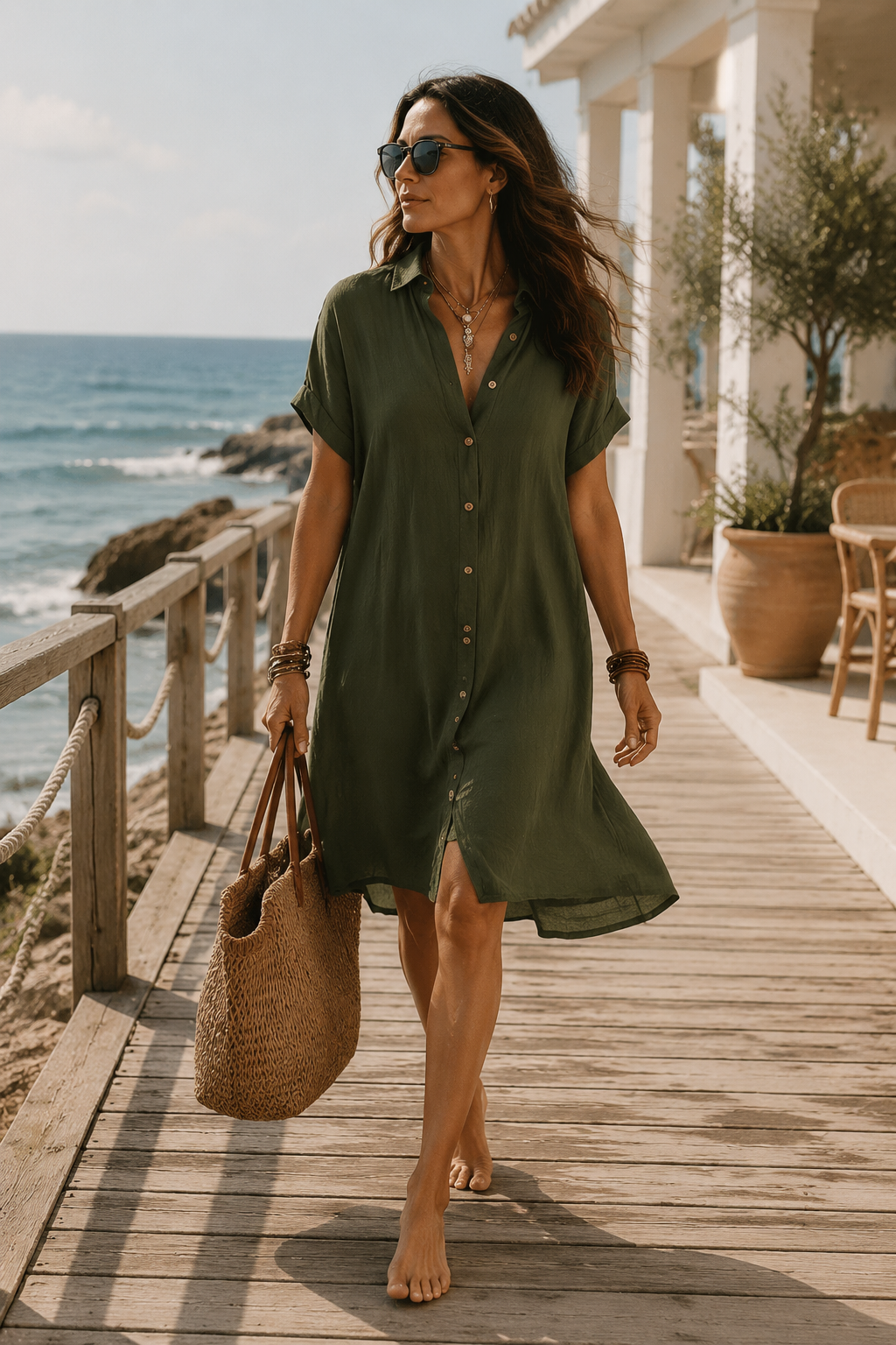 Olive green linen relaxed midi dress with short sleeves, V-neck, and button-down front
