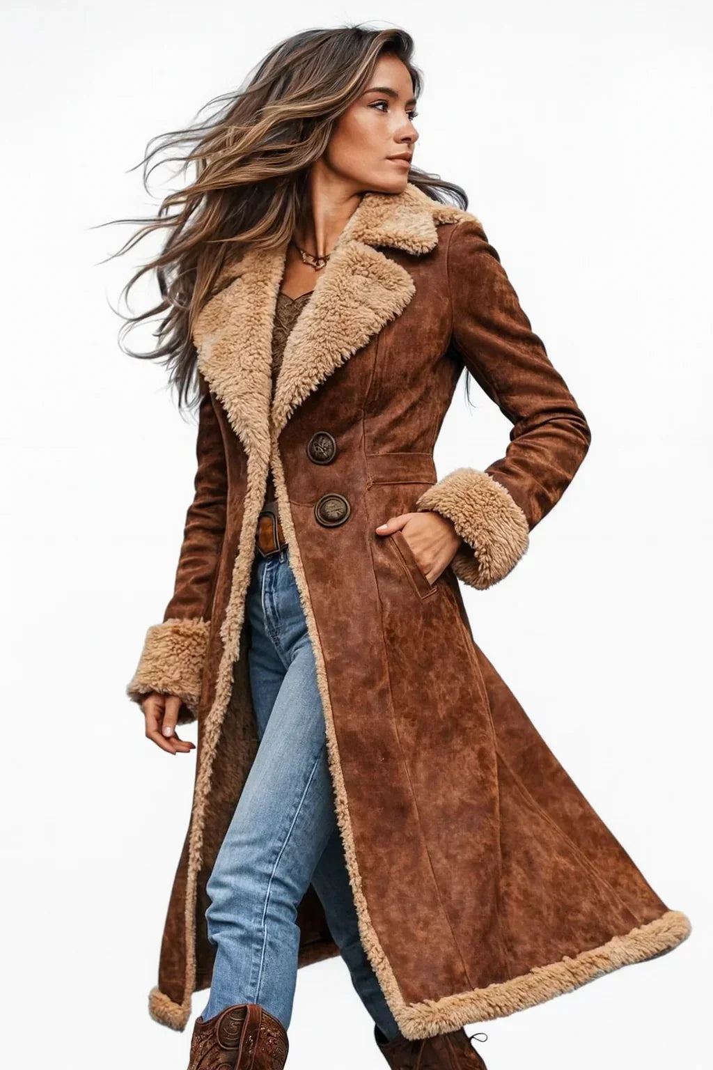 Brown long coat with sherpa trim and double-breasted buttons