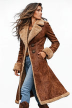Brown long coat with sherpa trim and double-breasted buttons